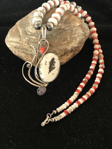 Navajo White Turquoise & Spiny Oyster Pendant Necklace | Authentic Native American Sterling Silver | Multi-Stone | 8645