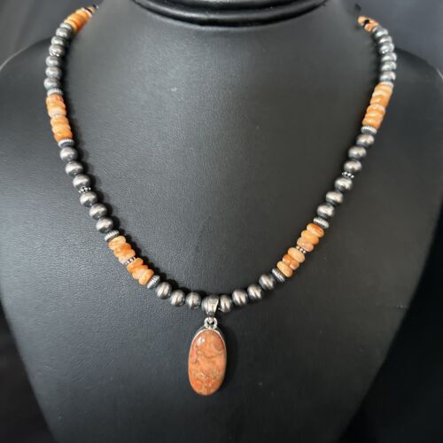 Navajo Orange Spiny Oyster Pendant Necklace | Sterling Silver Naja | Authentic Native American Handmade | 14301