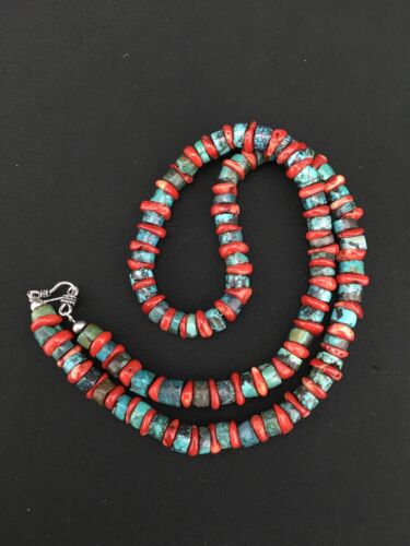 Navajo Sterling Silver Heishi Green Turquoise Coral Necklace | 20" | 1266