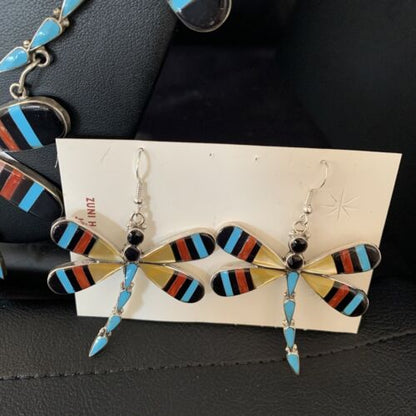 Zuni Dragonfly Necklace Earrings Set | Turquoise Onyx Inlay | Sterling Silver | Authentic Native American Handmade | 14213