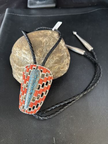 Ultra Rare Native American Men's Bolo Tie | Blue Kingman Turquoise & Coral | Sterling Silver | 14225