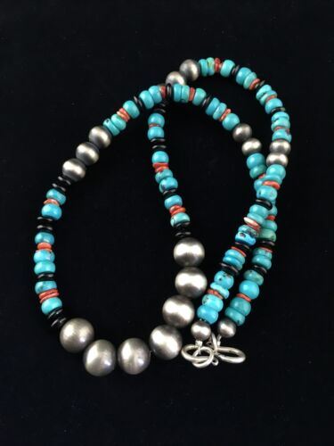 Southwestern Navajo Blue Turquoise Spiny Oyster Necklace | Sterling Silver | 18" | 10045