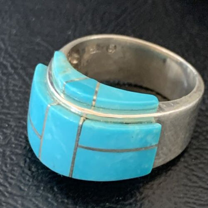 Navajo Blue Turquoise Inlay Band Ring | Sz 8 | Authentic Native American Handmade | 14163