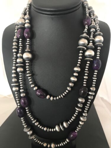Navajo Pearls Necklace | Sterling Silver Sugilite Beads | 70" | Authentic Native American Handmade | 8052