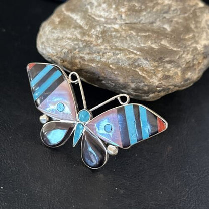 Zuni Butterfly Inlay Ring | Coral Turquoise Onyx Mother of Pearl | Sz 7 | Sterling Silver | 14435