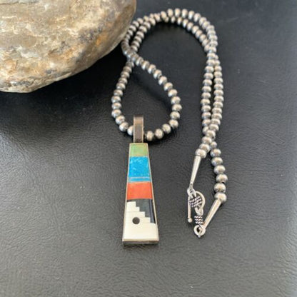 Navajo Old Pawn Mother of Pearl Turquoise Spiny Inlay Pendant Necklace | Sterling Silver | 10698