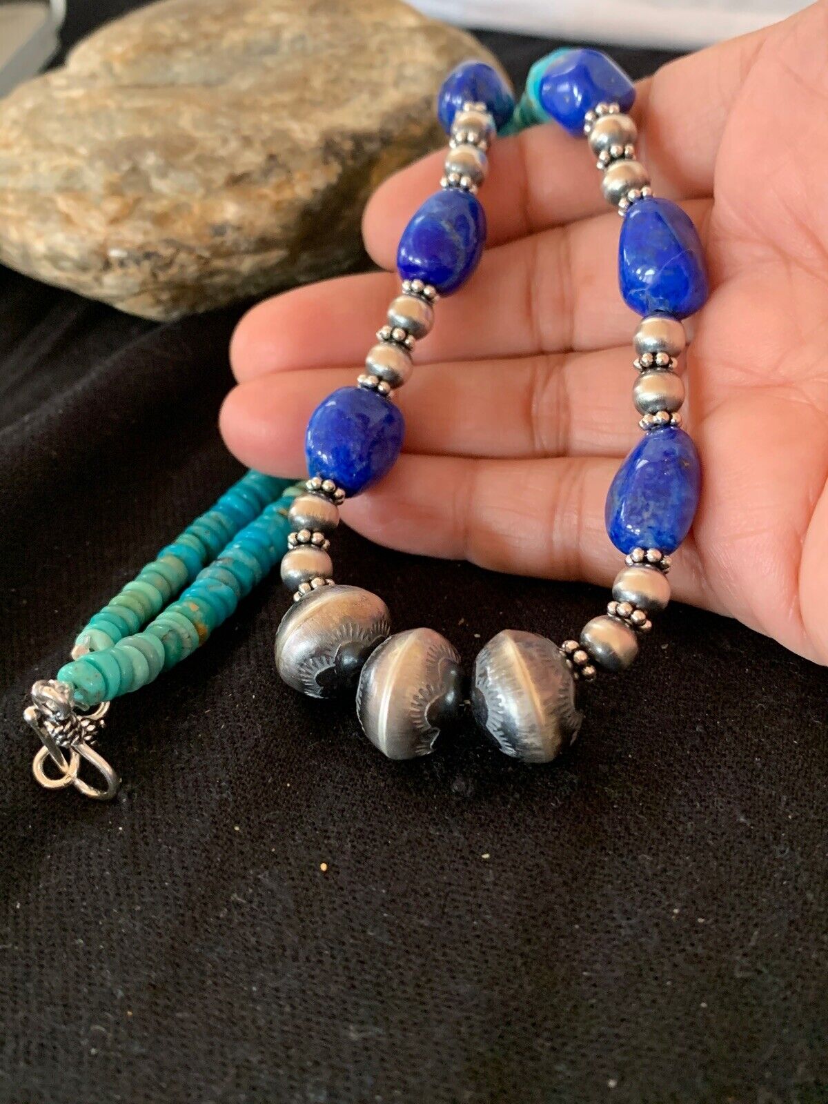 Navajo Lapis & Turquoise Beads Necklace | Sterling Silver | Authentic Native American Handmade | 20" | 4696