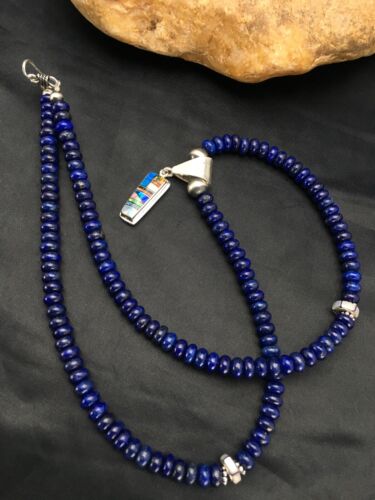Navajo Sterling Silver Necklace Lapis Opal Pendant Set | 22" | Authentic Native American Handmade | 2907