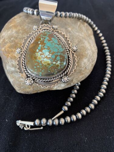 Native American Men's Sterling Silver Turquoise #8 Pendant | Navajo Pearls Necklace | 208