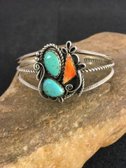 Navajo Spiny Oyster & Turquoise Bracelet | Sterling Silver | Authentic Native American Handmade | 8846