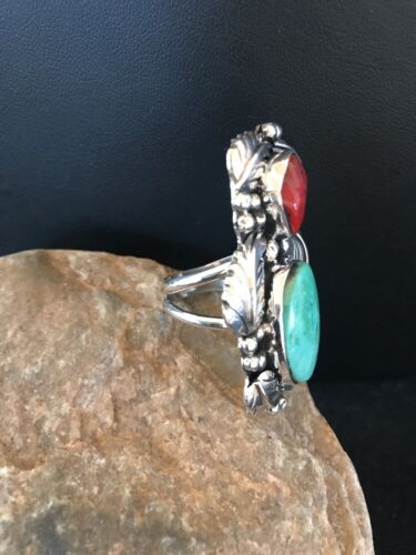 Navajo Royston Turquoise Coral Multi-Stone Men's Ring | Authentic Native American Sterling Silver | Sz 8 | 02218
