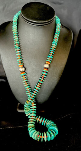 Navajo Turquoise Spiny Oyster Necklace | Sterling Silver | Authentic Native American | 32" | 14362