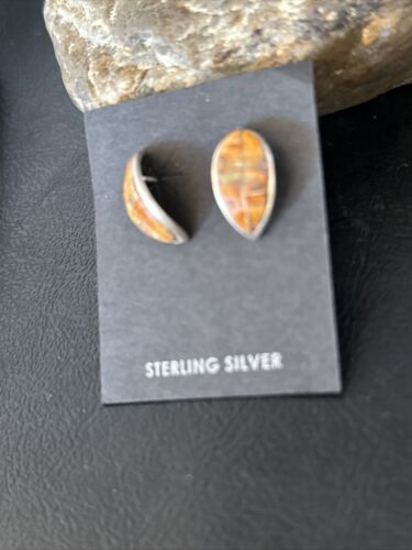 Navajo Orange Spiny Oyster Inlay Earrings | Sterling Silver | Authentic Native American Handmade | 14789
