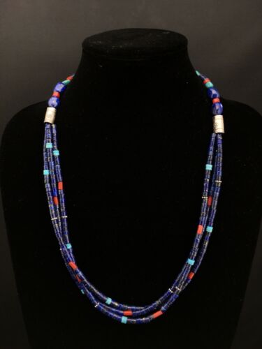 Southwestern Navajo Lapis Turquoise Necklace | 3-Strand | Sterling Silver | 24" | 1361