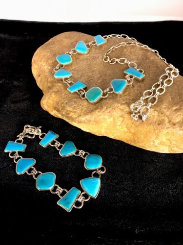 Navajo Sterling Silver Inlay Blue Turquoise Necklace & Bracelet Set | Old Pawn Jewelry | Authentic Native American Handmade | 8741