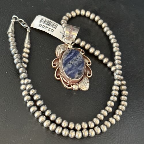 Navajo Denim Lapis Pendant Necklace | Sterling Silver Beads | Authentic Native American Handmade | 1208