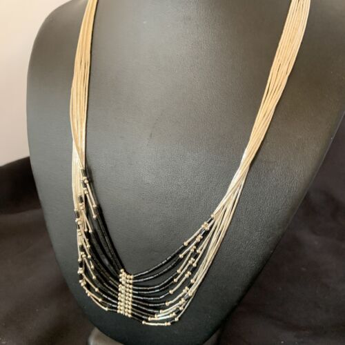 Navajo Black Onyx Liquid Silver Heishi Necklace | 10 Strand Sterling Tubes | Authentic Native American | 12298