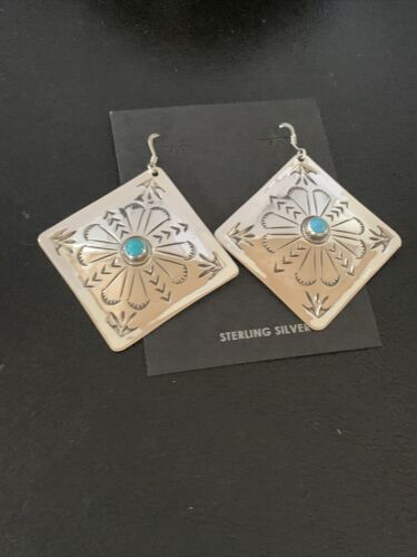 Navajo Turquoise Stamped Earrings | Sterling Silver | Authentic Native American Handmade | 1205