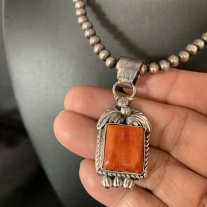 Navajo Red Spiny Oyster Square Pendant Necklace | Sterling Silver | Authentic Native American Handmade | 13636