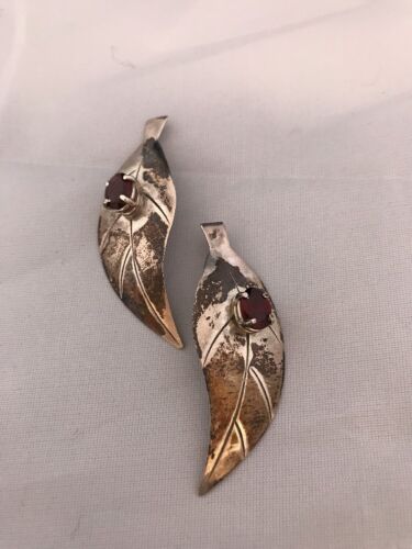Handmade Feather Garnet Earrings | Old Pawn Sterling Silver | 2" | 13064 - Masha USA