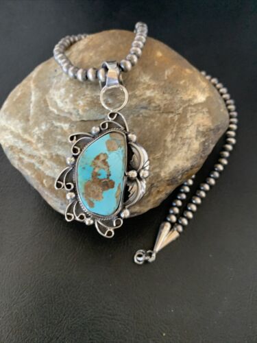 Men's Navajo Blue Dry Creek Turquoise Pendant | Sterling Silver | Pearl Necklace | Native American | 12973