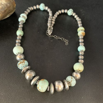 Dry Creek Turquoise Navajo Pearls Beaded Necklace | Sterling Silver | 21" | Authentic Native American Handmade | 14101 - Masha USA