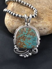 Navajo Blue #8 Turquoise Pendant Necklace Set | Sterling Silver | 2.25" | Authentic Native American Handmade | 10159