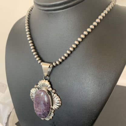 Men's Navajo Pearls Necklace | Sterling Silver Purple Sugilite Pendant | Authentic Native American Handmade | 1537