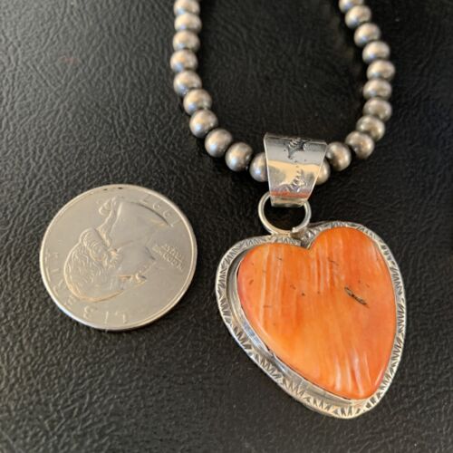 Navajo Orange Heart Spiny Oyster Pendant | Sterling Silver Necklace | Authentic Native American Handmade | 13947