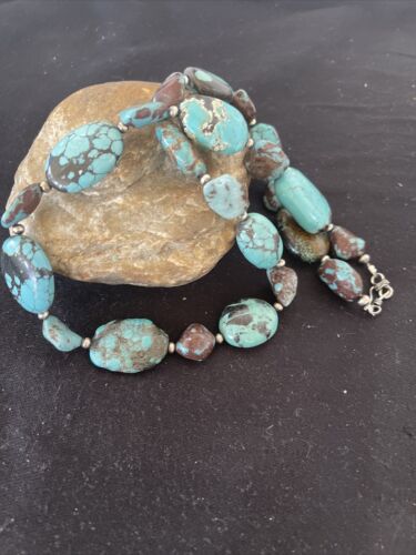 Navajo Chunky Turquoise #8 Necklace | Sterling Silver Pearls | Authentic Native American Handmade | 22" | 1242