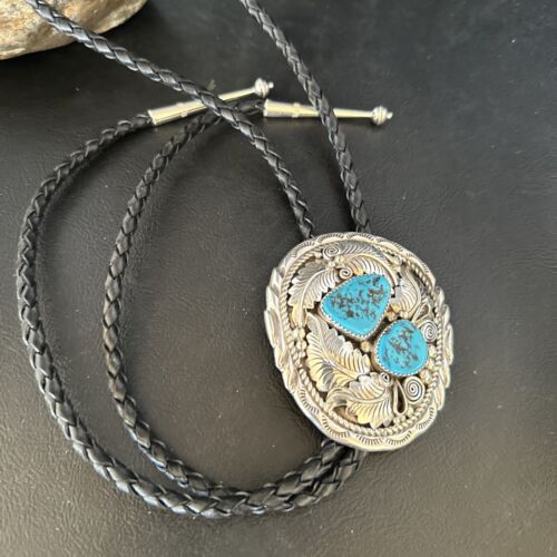 Native American Men's Bolo Tie | Blue Kingman Turquoise | Sterling Silver | Navajo Handmade | 14280