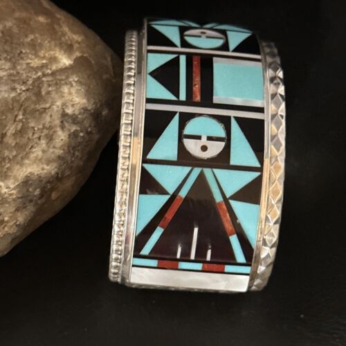 Zuni Sun Face Cuff Bracelet | Blue Turquoise & Coral Inlay | Sterling Silver | 14587