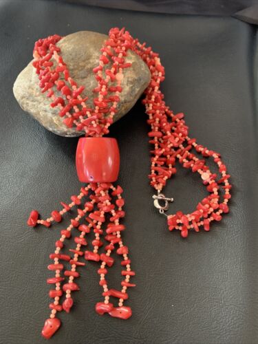 Navajo Red Pink Coral Pendant Necklace | Stainless Steel | 30" | Authentic Native American Handmade | 11711