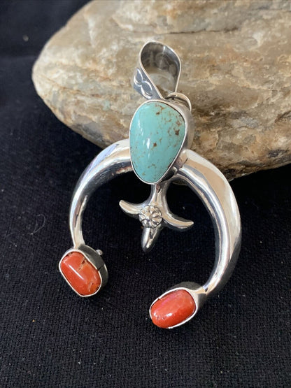 Navajo Pearls Necklace with Royston Turquoise & Coral Naja Pendant | Sterling Silver | 01428