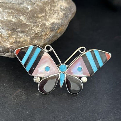 Zuni Butterfly Inlay Ring | Coral Turquoise Onyx Mother of Pearl | Sz 7 | Sterling Silver | 14435
