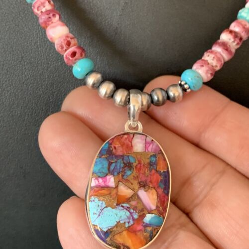 Navajo Pearl Sterling Silver Necklace with Turquoise and Purple Spiny Oyster Pendant | 13278