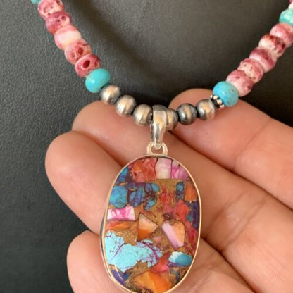 Navajo Pearl Sterling Silver Necklace with Turquoise and Purple Spiny Oyster Pendant | 13278