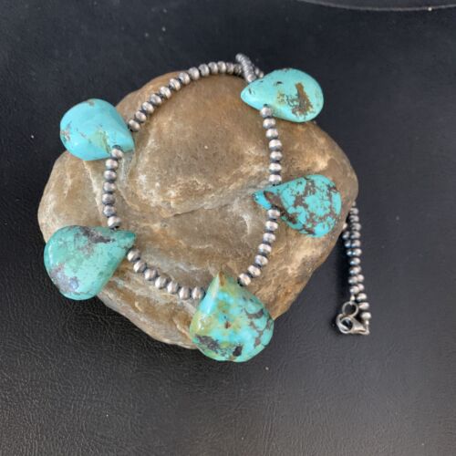 Navajo Teardrop Blue Turquoise Necklace with Pearls | Sterling Silver | 20" | Authentic Native American Handmade | 13966