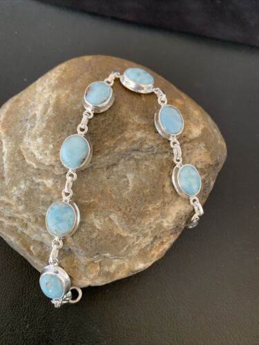 Navajo Blue Larimar 7-Link Bracelet | Sterling Silver | 7.5" | Authentic Native American Handmade | 10624