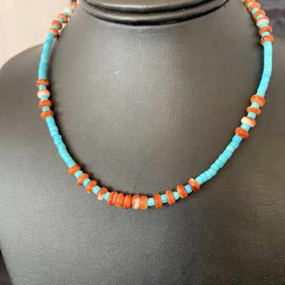 Navajo Sterling Silver Spiny Oyster Turquoise Necklace | 16" | Authentic Native American Handmade | 10692 - Masha USA