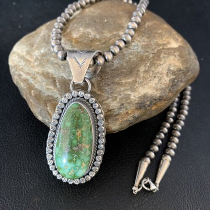 Men's Green Sonoran Gold Turquoise Pendant Necklace | Navajo Sterling Silver | Authentic Native American | 14006