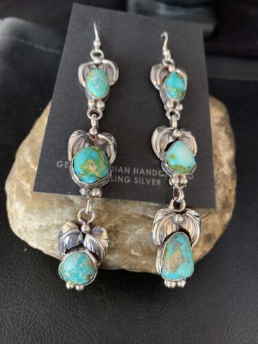 Navajo Green Turquoise Earrings | Sonoran Gold | Sterling Silver | 3 Dangle | Authentic Native American Handmade | 13925