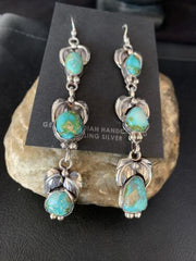 Navajo Green Turquoise Earrings | Sonoran Gold | Sterling Silver | 3 Dangle | Authentic Native American Handmade | 13925