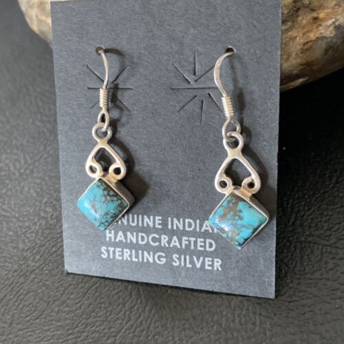Navajo Blue Turquoise Dangle Earrings | Sterling Silver | 0.5" | Authentic Native American Handmade | 12748
