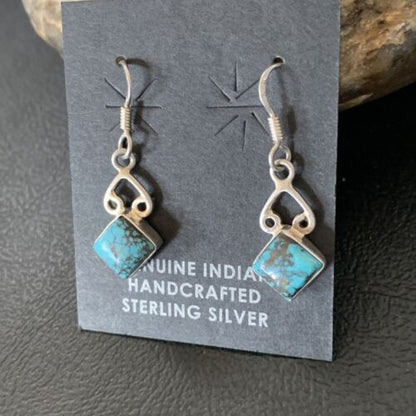 Navajo Blue Turquoise Dangle Earrings | Sterling Silver | 0.5" | Authentic Native American Handmade | 12748