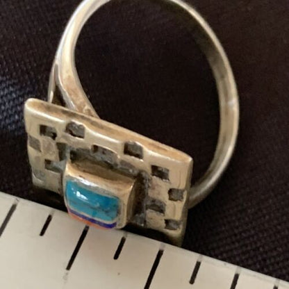 Native American Women's Navajo Green Turquoise Coral Inlay Ring | Sz 7.5 | 13159