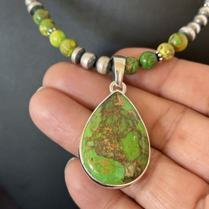 Navajo Pearl Necklace with Green Mojave Turquoise Pendant | Sterling Silver | Authentic Native American Handmade | 10580