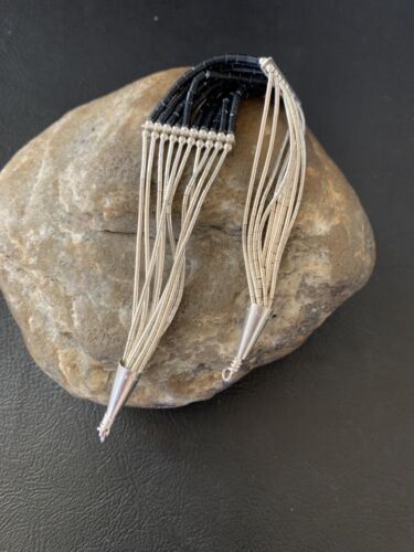 Black Onyx 10-Strand Liquid Silver Heishi Beads Bracelet | Sterling Silver | 7.25" | 12634