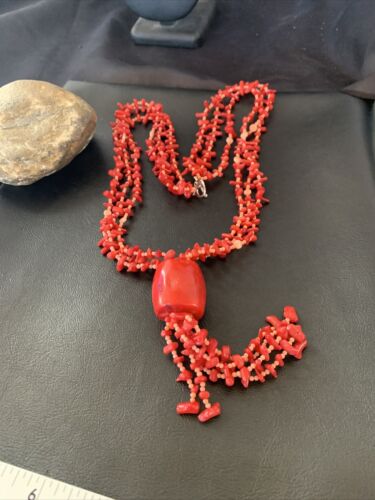 Navajo Red Pink Coral Pendant Necklace | Stainless Steel | 30" | Authentic Native American Handmade | 11711