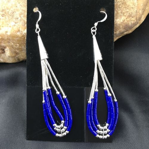 Native American Handmade Sterling Silver Heishi Dangle Earrings | Blue Lapis | 2" | 1965